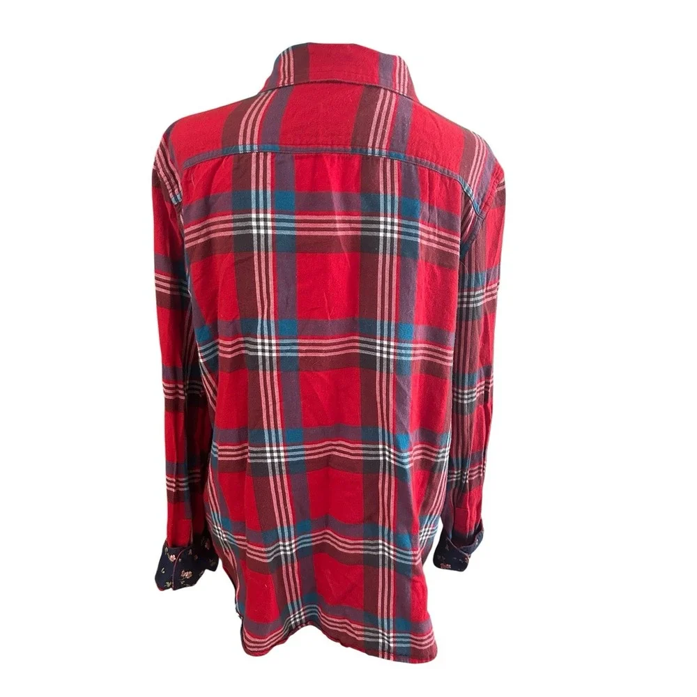 Chaps Women's Red Plaid Button-Up Shirt Floral Cuff Accent Size M